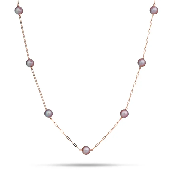 Adjustable 24″ Ultraviolet Freshwater Pearl Paperclip Chain Necklace in Rose Gold