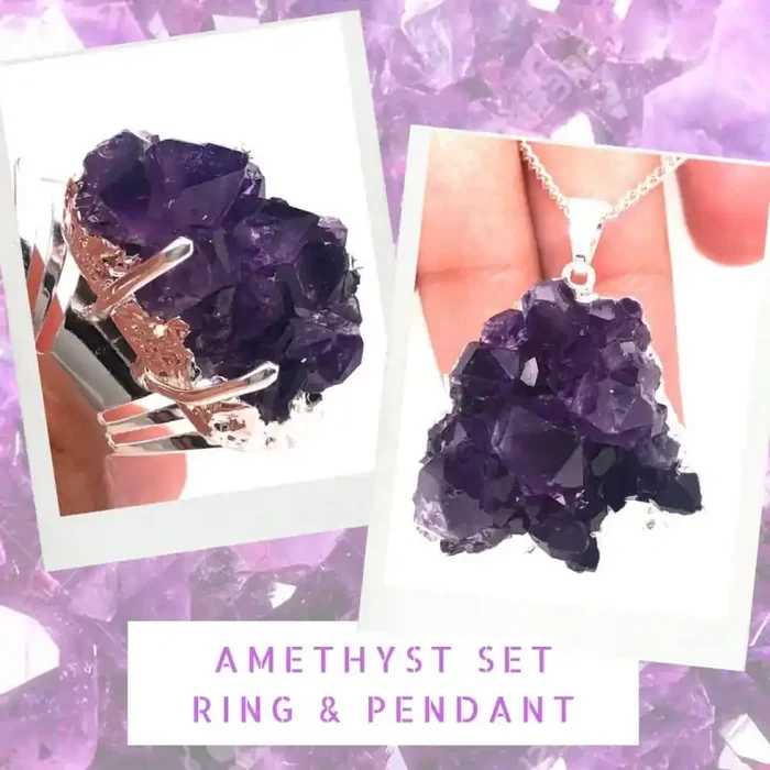 Amethyst Raw Set – High Grade Druzy Silver Ring & Pendant BR 578