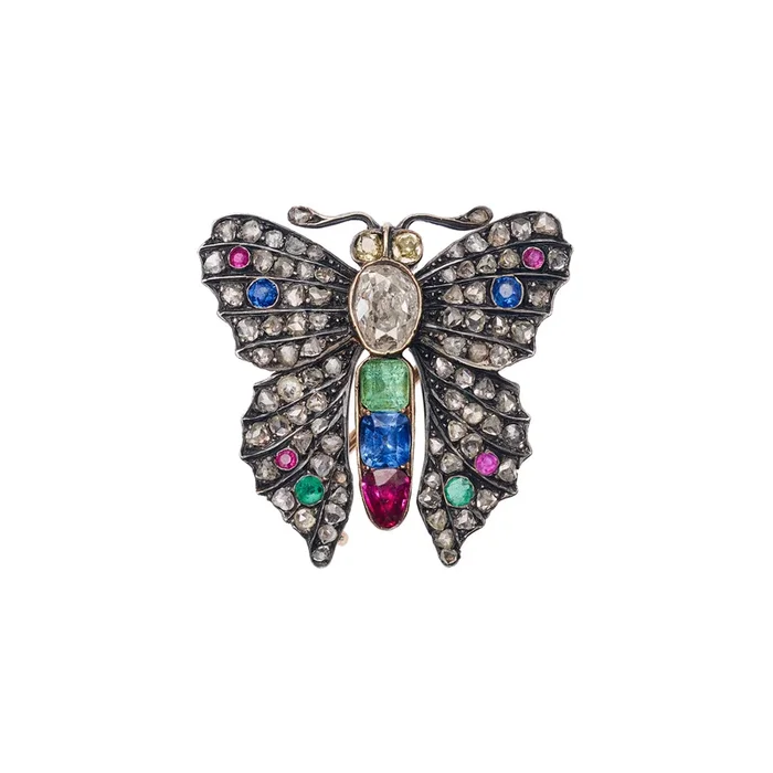 Antique Georgian 14k/Silver-Set Diamond & Gemstone Butterfly Brooch