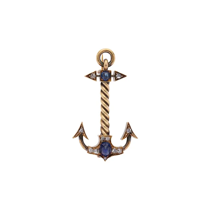 Antique Russian 14k Sapphire & Rose Cut Diamond Anchor Pin