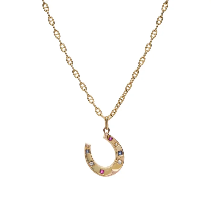 Antique Victorian 14k Diamond, Sapphire, & Ruby Horseshoe Pendant