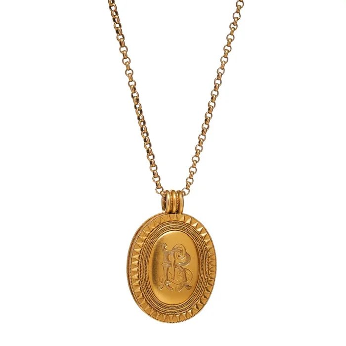 Antique Victorian 15k “RL” Etruscan Revival Oval Locket Pendant