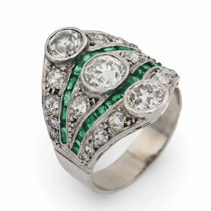 Art Deco 3.80 carat diamond emerald platinum ring