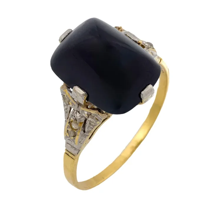 Art Deco 6.99 carat sapphire diamond 18k yellow and white gold ring