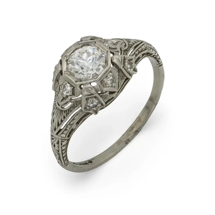 Art Deco diamond platinum bezel engagement ring