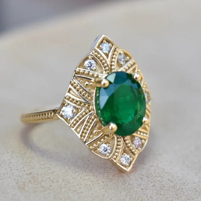 Art Deco Emerald Engagement Ring With Diamonds 14K Yellow Gold