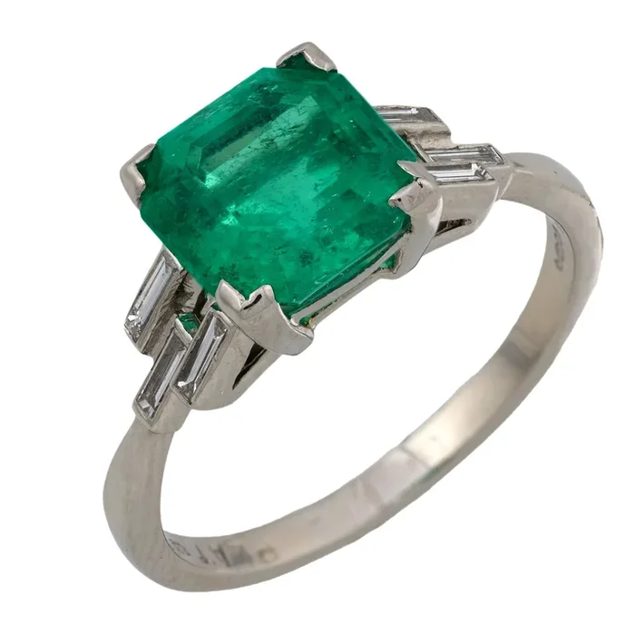 Art Deco GIA 2.80 carat Colombian emerald diamond platinum ring