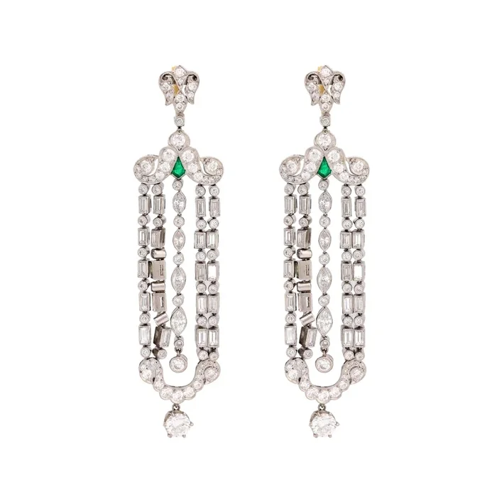 Art Deco inspired 9.2 carat diamond emerald platinum chandelier earrings