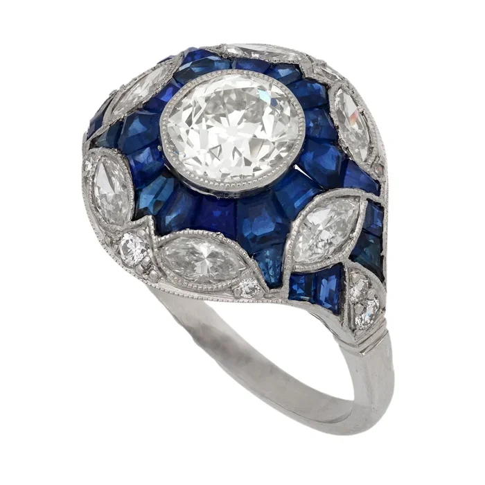 Art Deco style 1.27 carat diamond sapphire platinum ring
