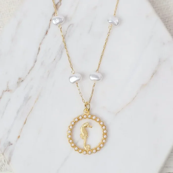 Beaded Pearl Chain Necklace with Seahorse