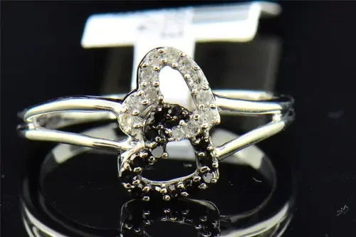 Black & White Diamond Double Heart Fashion Ring .925 Sterling Silver Round Cut