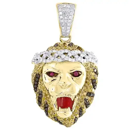 Black & White Diamond Lion Pendant Mens 10K Yellow Gold Pave Charm 1.44 Tcw.