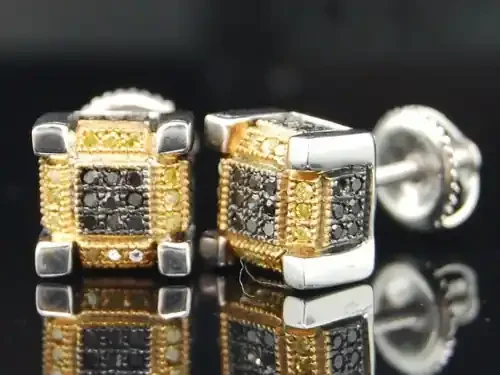 Black & Yellow Diamond Cube Earrings 10K White Gold Round 3D Square 0.40 Tcw.