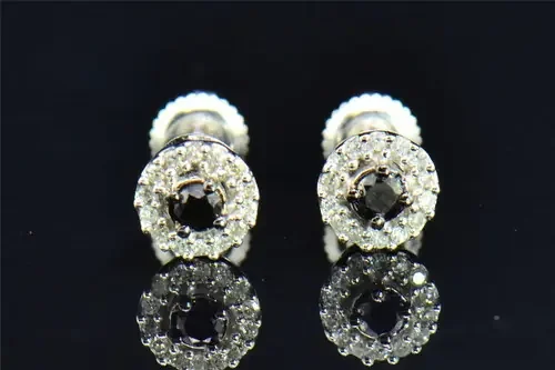 Black Diamond Solitaire Flower Studs Earrings Round Cut 10K White Gold 0.20 CT