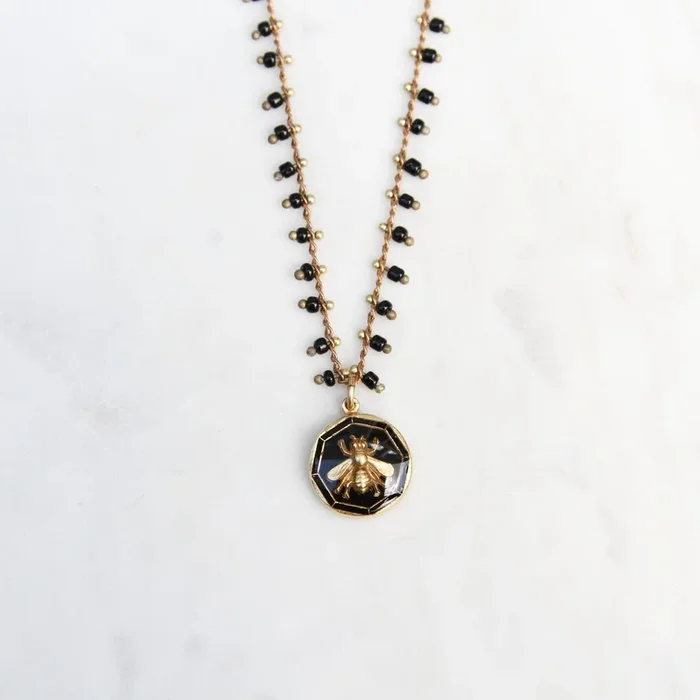 Black Enamel Bee Charm Necklace