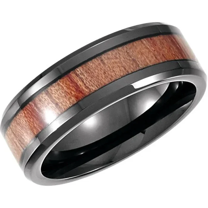Black PVD Cobalt 8 mm Casted Wood Inlay Comfort-Fit Band Size 11