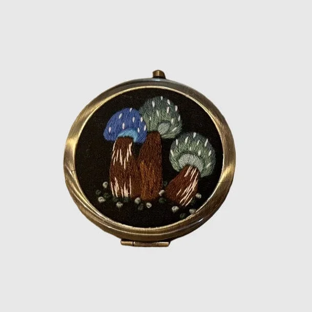 Blue & Green Mushrooms Embroidered Compact Mirror