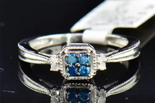 Blue & White Diamond Engagement Ring Round Cut 10K White Gold 0.15 CT