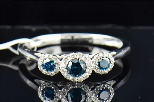 Blue Diamond 3 Stone Engagement Ring 10K White Gold Halo Anniversary 0.40 CT