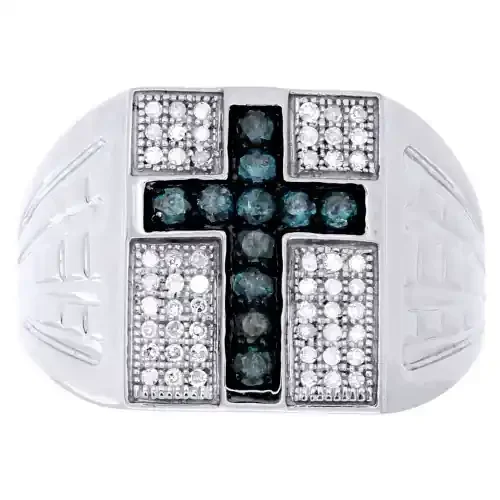 Blue Diamond Cross Statement Wedding Band Sterling Silver Pinky Ring 0.50 Ct.