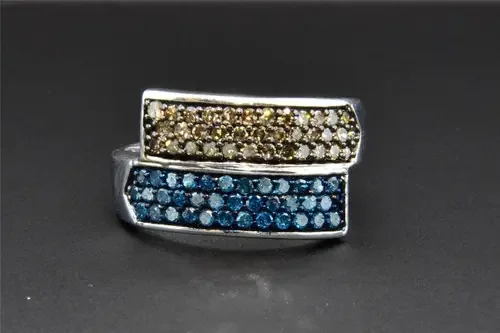 Blue Diamond Designer Cocktail Right Hand Ring 10K White Gold Round Cut 0.80 Ct