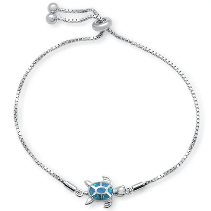 Blue Opal Turtle .925 Sterling Silver Bracelet 7-9″ Adjustable Toggle Bola Bracelet