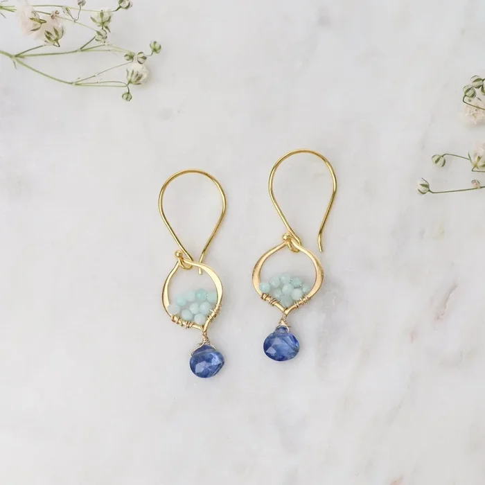 Bright Blue Kyanite & Amazonite Tiny Gold Fill Arabesque Earrings