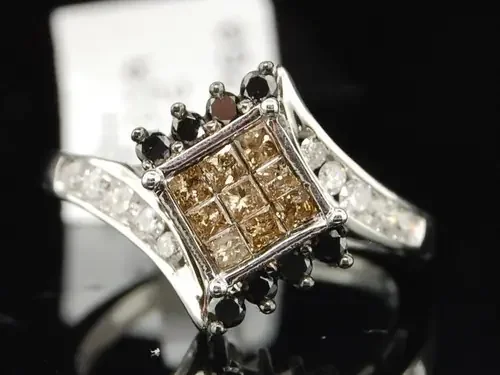 Brown & Black Princess Cut Diamond Cocktail Ring White Gold Fashion Band 0.75 Ct