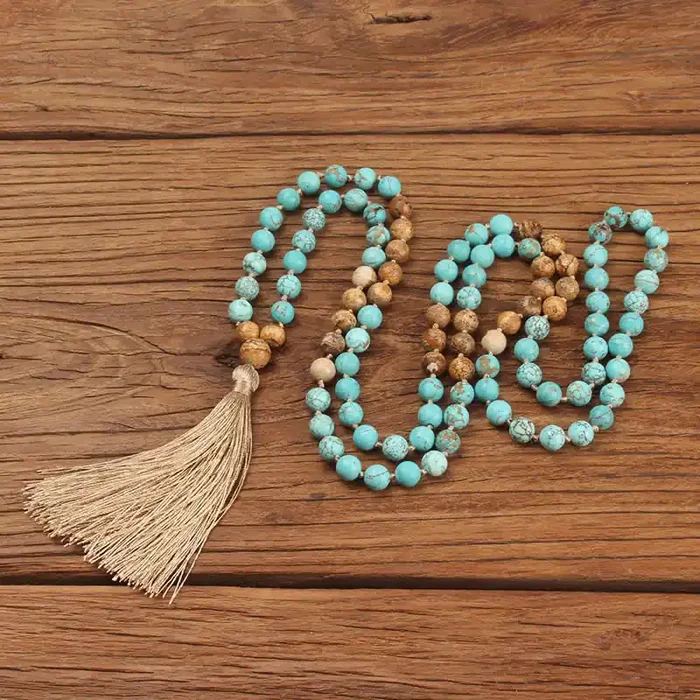 Buddha Stones 108 Mala Beads Turquoise Picture Jasper Wisdom Tassel Bracelet