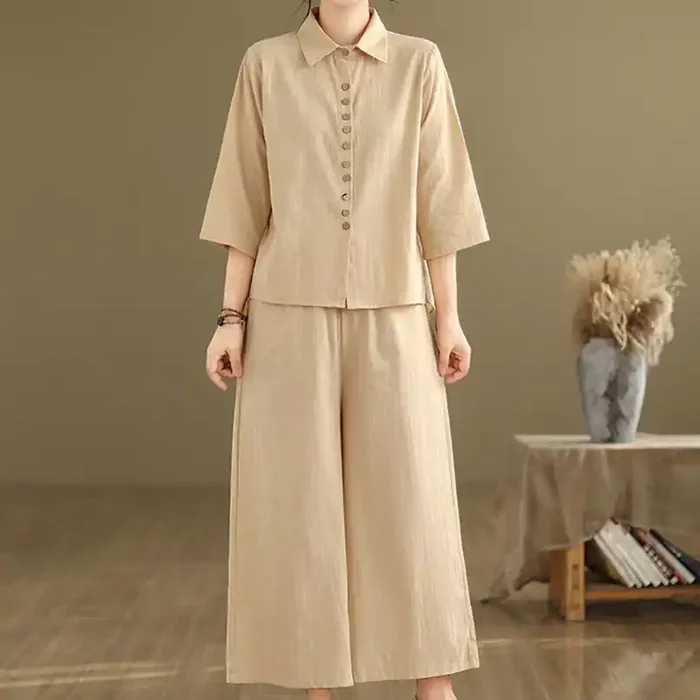 Buddha Stones 2pcs Casual Women‘s Stand Collar Shirt Loose Pants Meditation Clothing Set