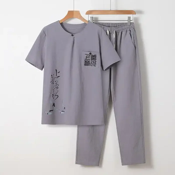 Buddha Stones 2Pcs Chinese Characters Crane Cotton Shirt Pants With Pockets Men‘s Meditation Cloth Set