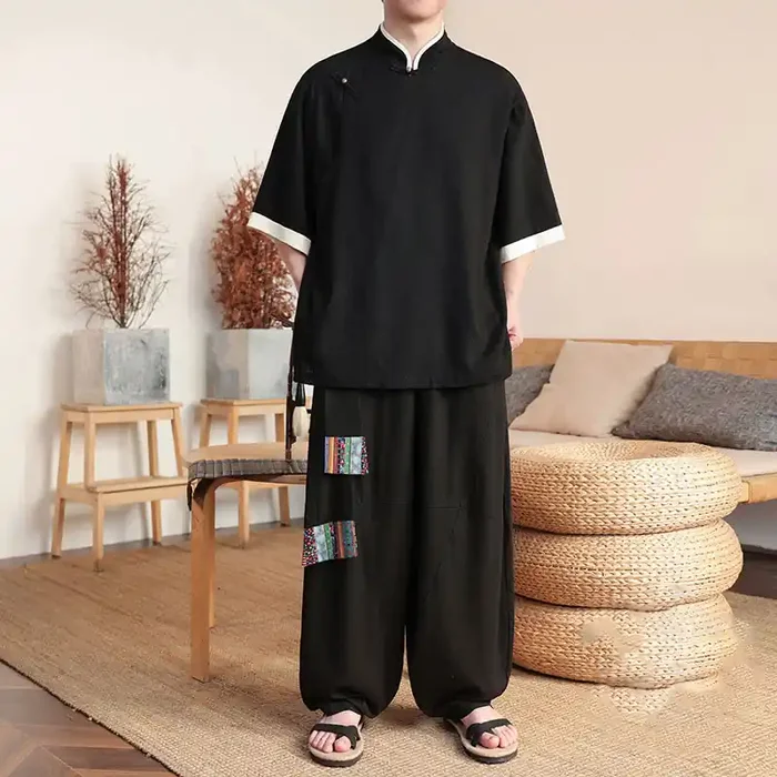 Buddha Stones 2Pcs Chinese Frog-button Men‘s Shirt Wide Leg Pants Meditation Cloth Set