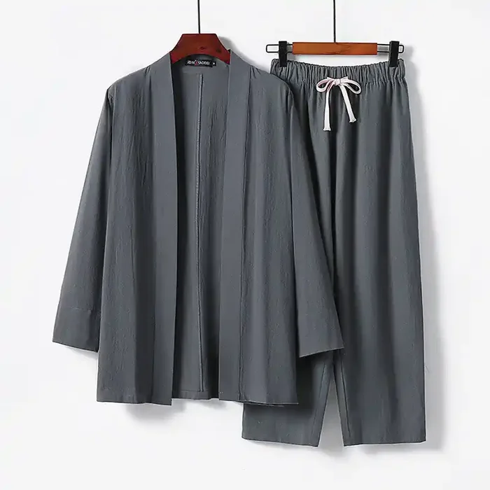 Buddha Stones 2Pcs Cotton Kimono Ankle-Length Pants Men‘s Meditation Cloth Set