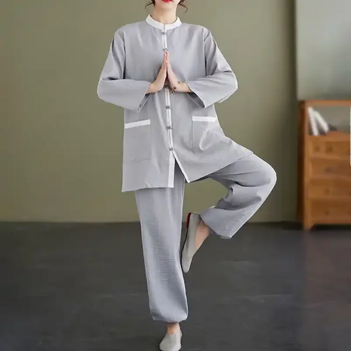 Buddha Stones 2pcs Cotton Tai Chi Shirt Top Pants Meditation Zen Clothing Women‘s Set