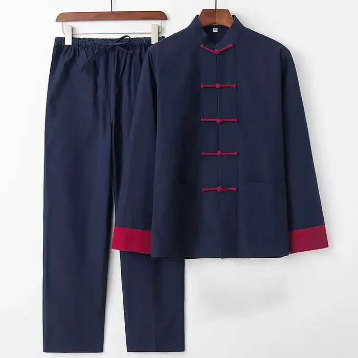 Buddha Stones 2Pcs Fall Men‘s Tang Suit Frog-Button Cotton Long Sleeve Shirt Pants Set