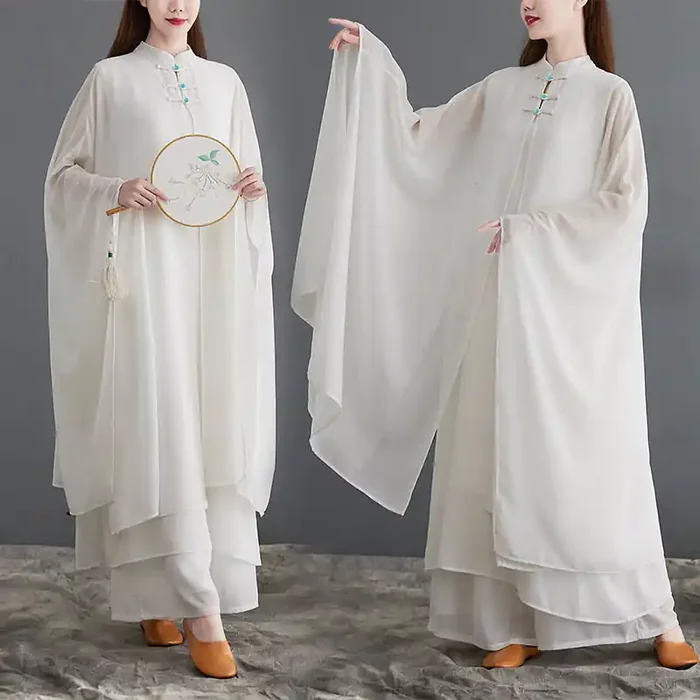 Buddha Stones 2Pcs Frog-Button Long Sleeve Midi Dress Wide Leg Pants Chiffon Zen Women‘s Set