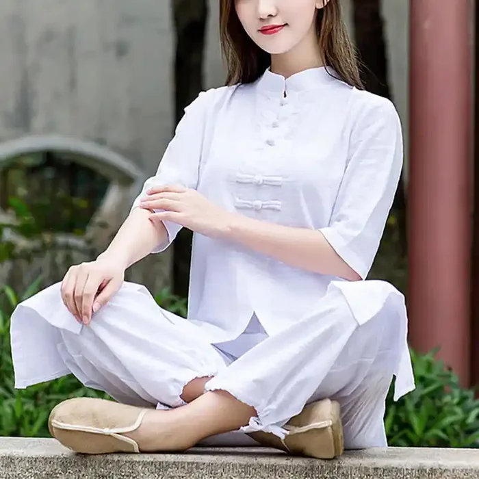 Buddha Stones 2Pcs Half Sleeve Shirt Top Pants Meditation Zen Tai Chi Linen Clothing Women‘s Set