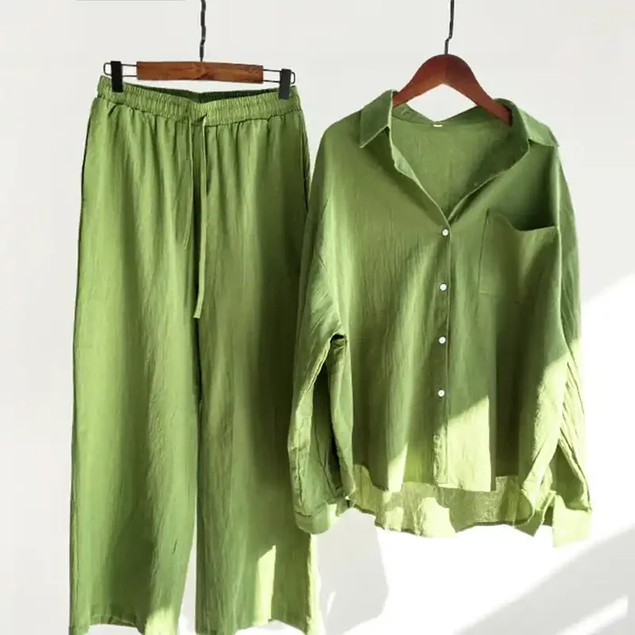 Buddha Stones 2Pcs Long Sleeve Shirt Top With Pockets Drawstring Pants Meditation Cotton Clothing Women‘s Set