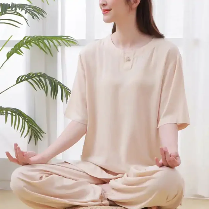 Buddha Stones 2pcs Plain Color Frog-Button Simple Design Crew Neck Design Half Sleeve Shirt Top Elastic Waist Pants Meditation Zen Tai Chi Cotton Clothing Women‘s Set