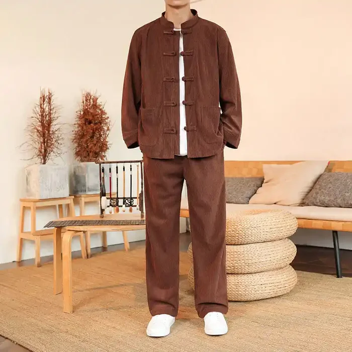 Buddha Stones 2pcs Plain Men‘s Frog-button Long Sleeve Shirt Pants Cotton Corduroy Set With Pockets