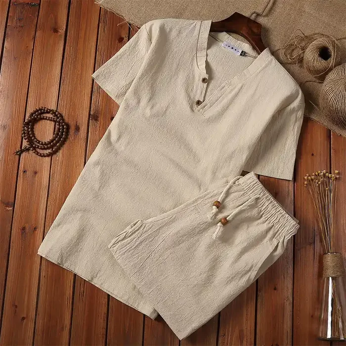 Buddha Stones 2Pcs Plain Notched Collar Short Sleeve T-Shirt Shorts With Pockets Cotton Linen Men‘s Meditation Cloth Set