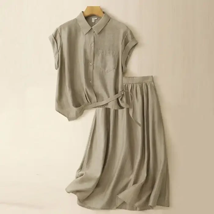 Buddha Stones 2Pcs Short Sleeve Shirt 7-8 Length Skirt With Pockets Cotton Linen Women‘s Set
