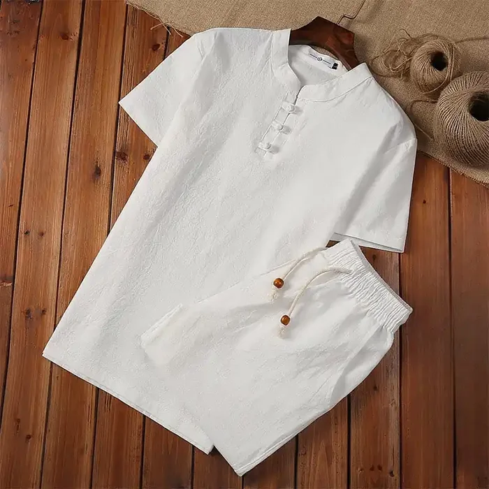 Buddha Stones 2Pcs Solid Color Frog-Button Tang Suit Cotton Linen Short Sleeve Pants Clothing Men‘s Set