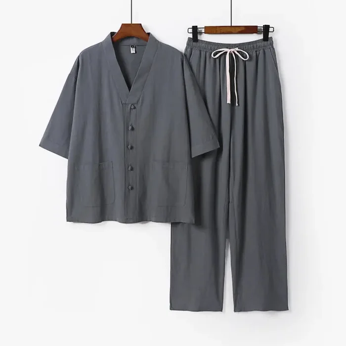 Buddha Stones 2Pcs Summer V-Neck Cotton Shirt Pants With Pockets Men‘s Meditation Cloth Set