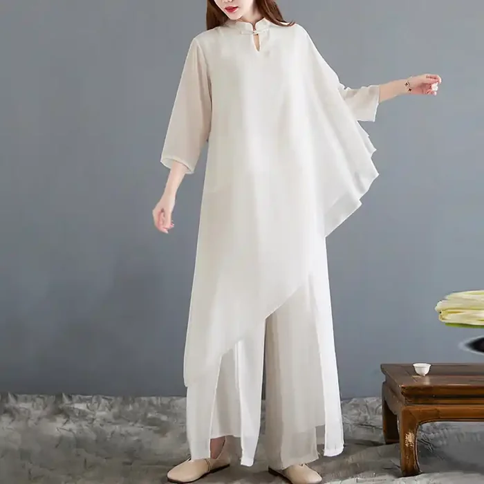 Buddha Stones 2Pcs Three Quarter Sleeve Irregular Design Shirt Wide Leg Pants Meditation Chiffon Women‘s Set