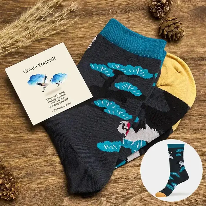 Buddha Stones “Create Yourself” White Crane Pine Tree Women‘s Socks Includes Gift Message Card