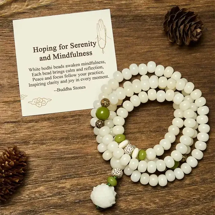 Buddha Stones “Hoping for Serenity and Mindfulness” Bodhi Lotus Mala Includes Gift Message Card