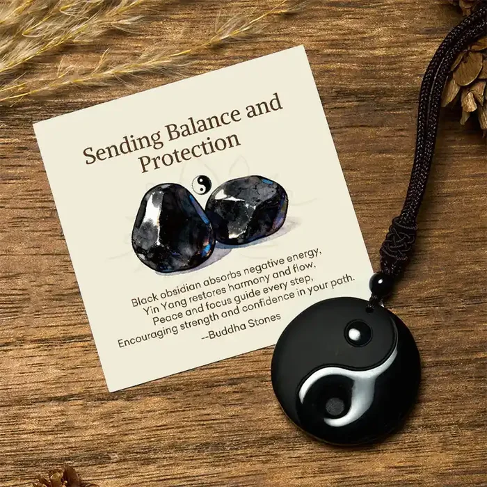 Buddha Stones “Sending Balance and Protection” Obsidian Yin Yang Necklace Includes Gift Message Card