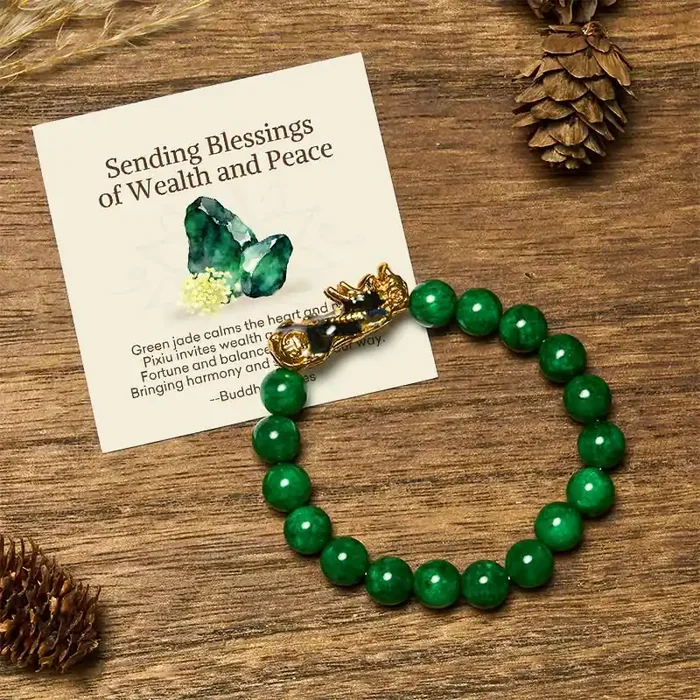 Buddha Stones “Sending Blessings of Wealth and Peace” PiXiu Jade Bracelet Includes Gift Message Card