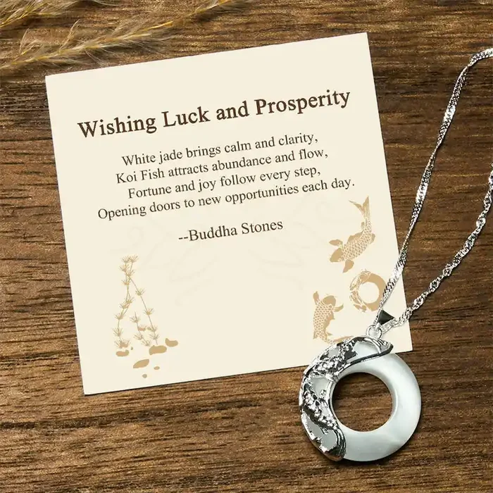 Buddha Stones “Wishing Luck and Prosperity” White Jade Koi Fish Necklace Includes Gift Message Card